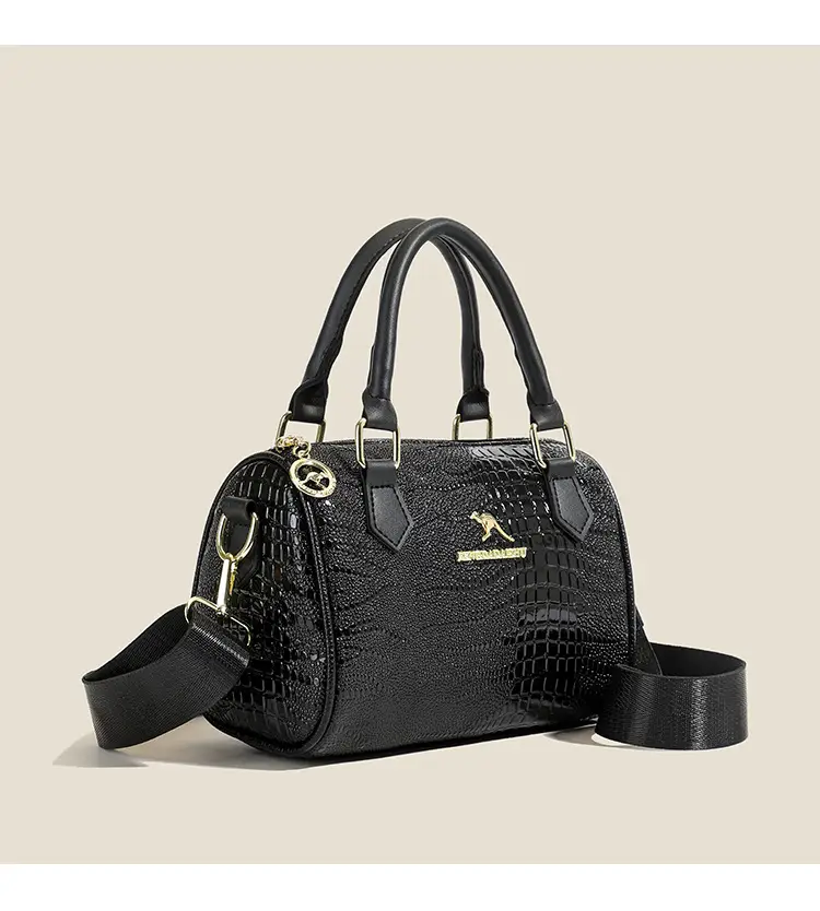 Black Croc Texture Women's Shoulder Bag with Gold Plated Logo — feature 9
