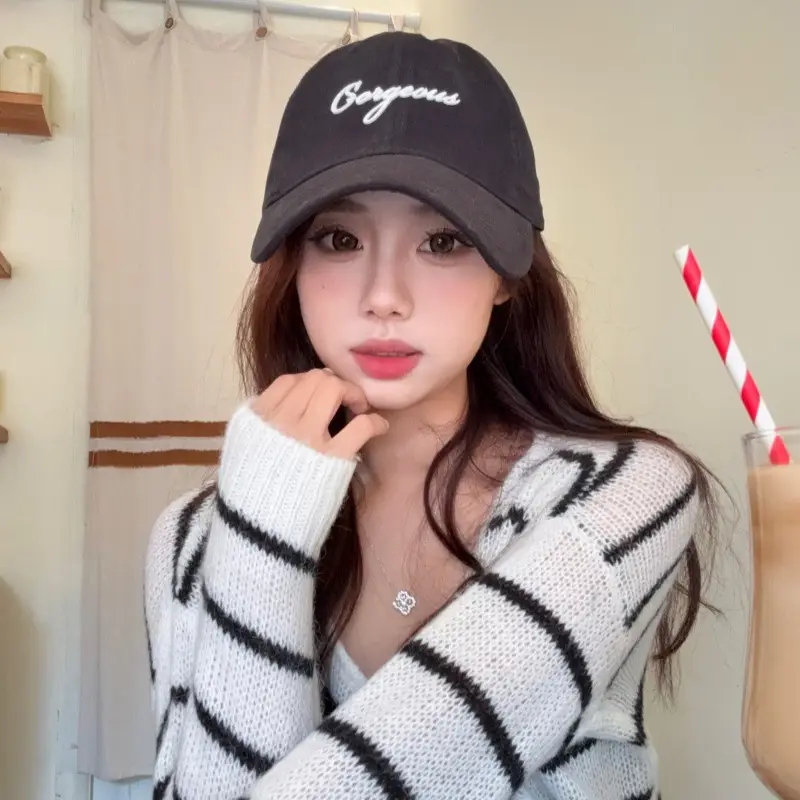 Women's Black Embroidered Baseball Cap Large Head Wide Brim - Image 10