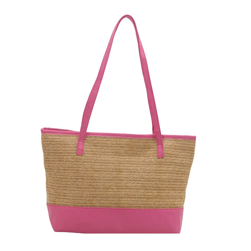 Women's Pink Straw Textured Shoulder Tote Bag - Image 11