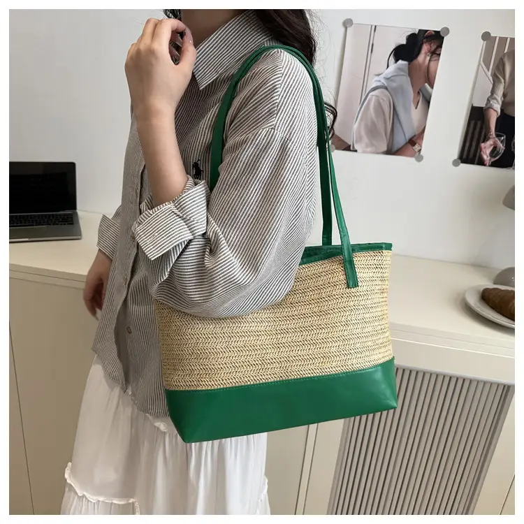 Women's Pink Straw Textured Shoulder Tote Bag — feature 10