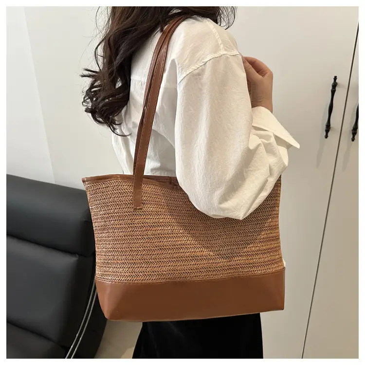Women's Pink Straw Textured Shoulder Tote Bag — feature 12