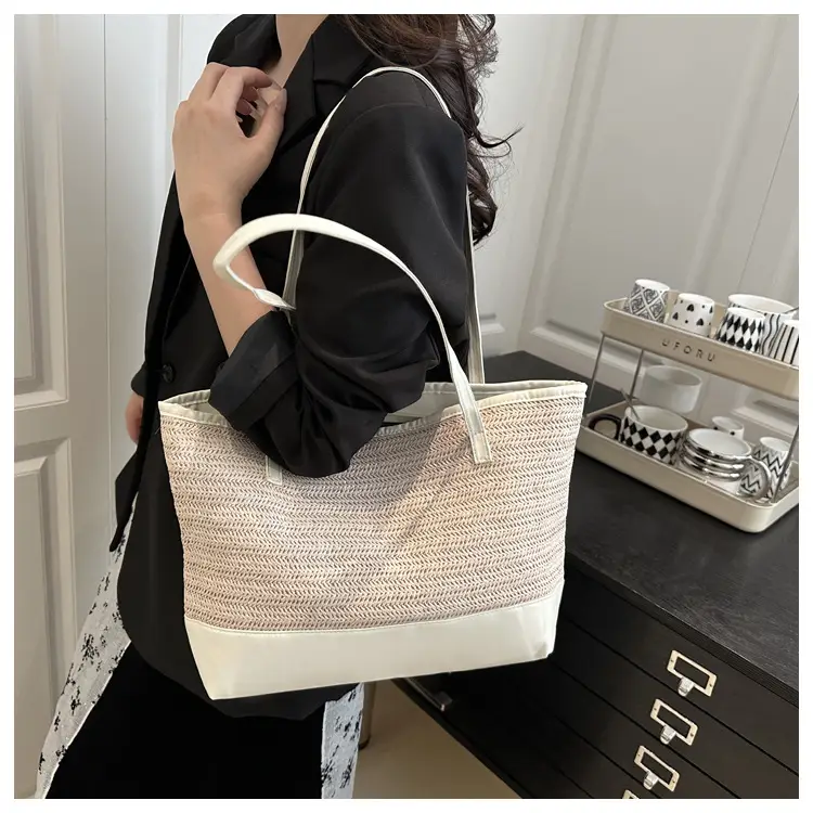 Women's Pink Straw Textured Shoulder Tote Bag — feature 16