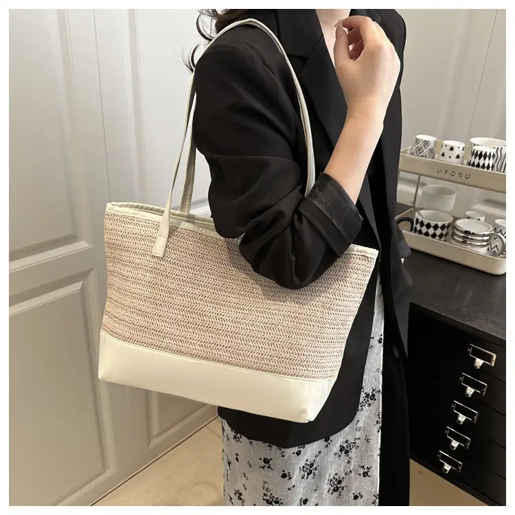 Women's Pink Straw Textured Shoulder Tote Bag — feature 17