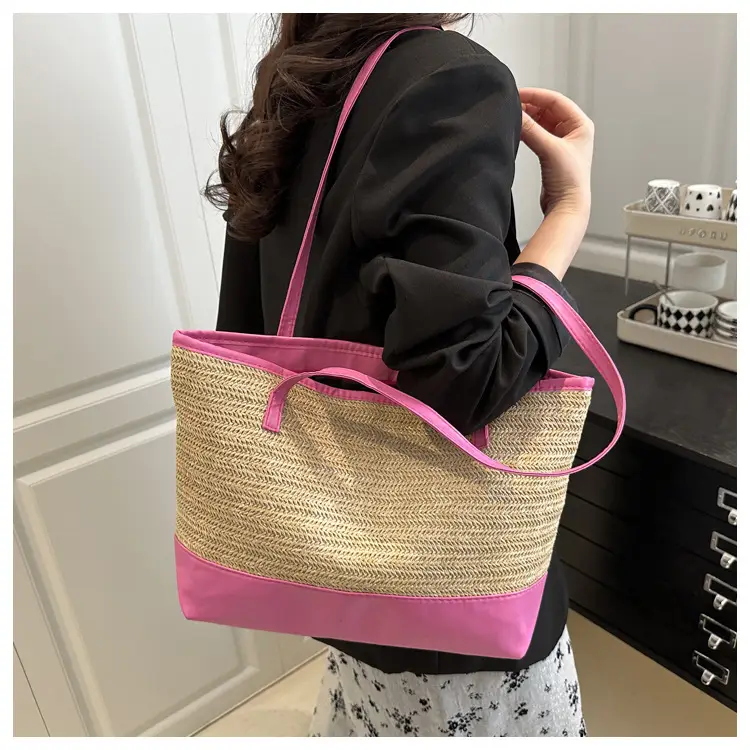 Women's Pink Straw Textured Shoulder Tote Bag — feature 18