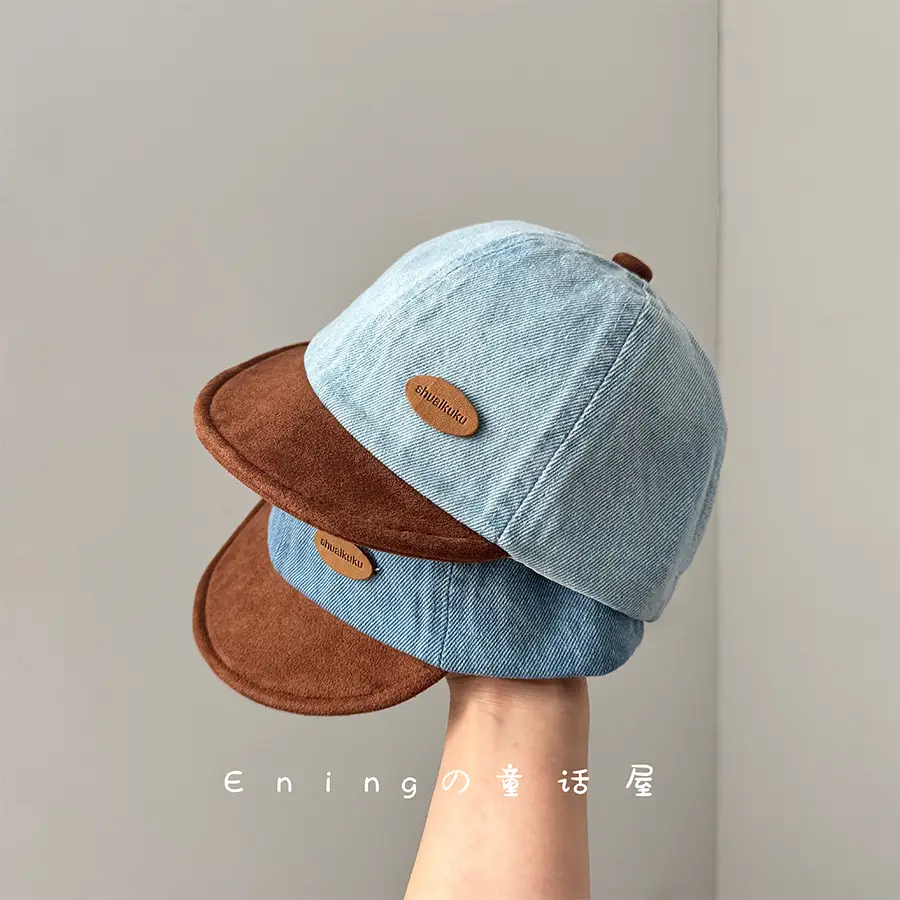 Denim Suede Baby Cap Blue Brown Sunscreen Hat - Image 4