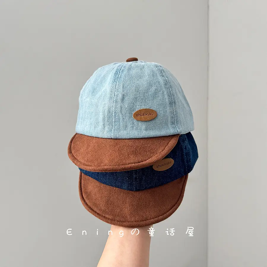 Denim Suede Baby Cap Blue Brown Sunscreen Hat - Image 5