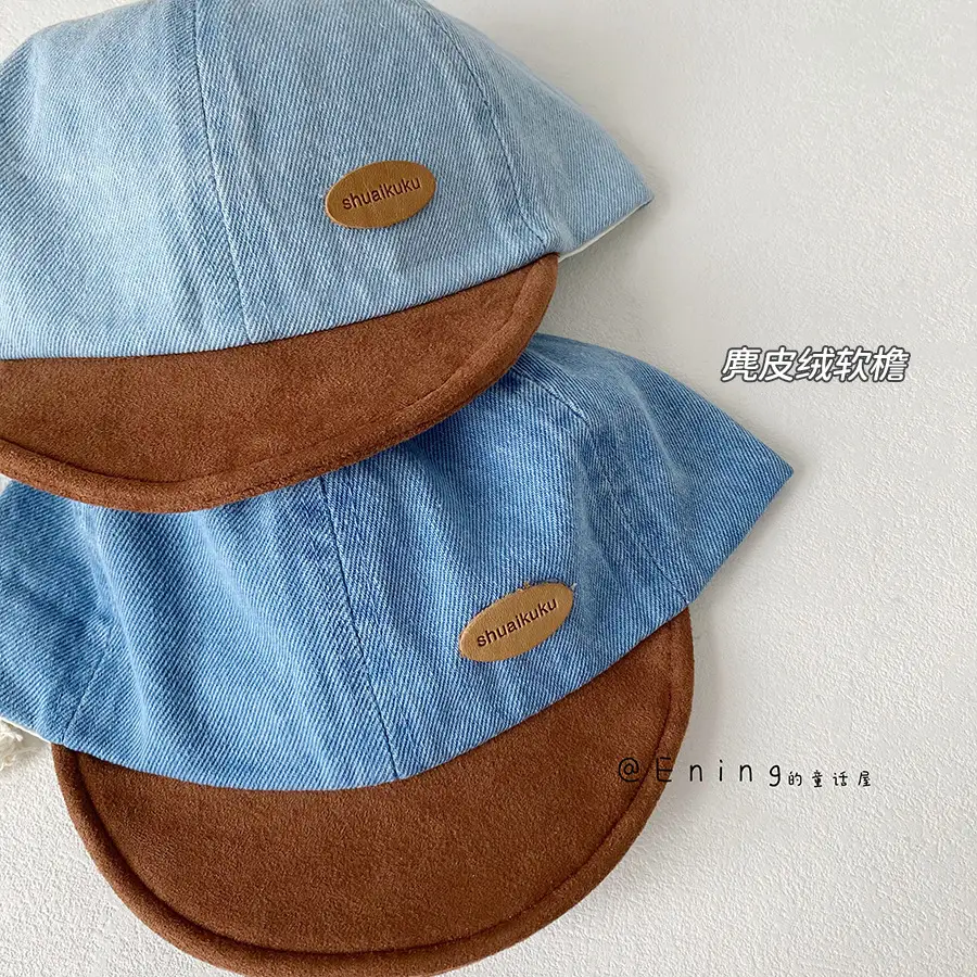 Denim Suede Baby Cap Blue Brown Sunscreen Hat - Image 6