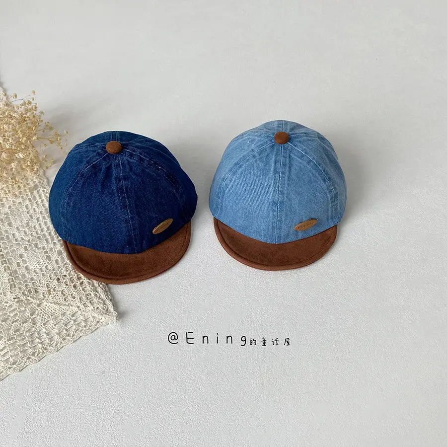 Denim Suede Baby Cap Blue Brown Sunscreen Hat - Image 7