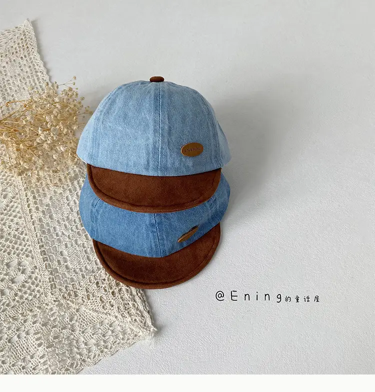 Denim Suede Baby Cap Blue Brown Sunscreen Hat — feature 12