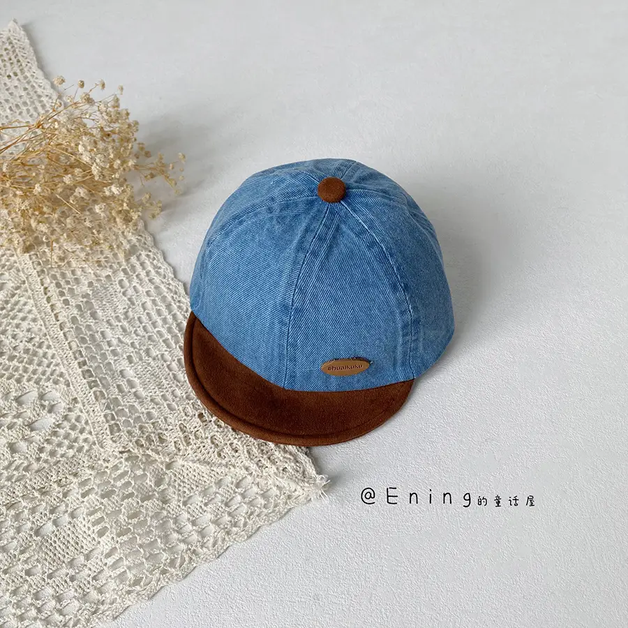 Denim Suede Baby Cap Blue Brown Sunscreen Hat - Image 2