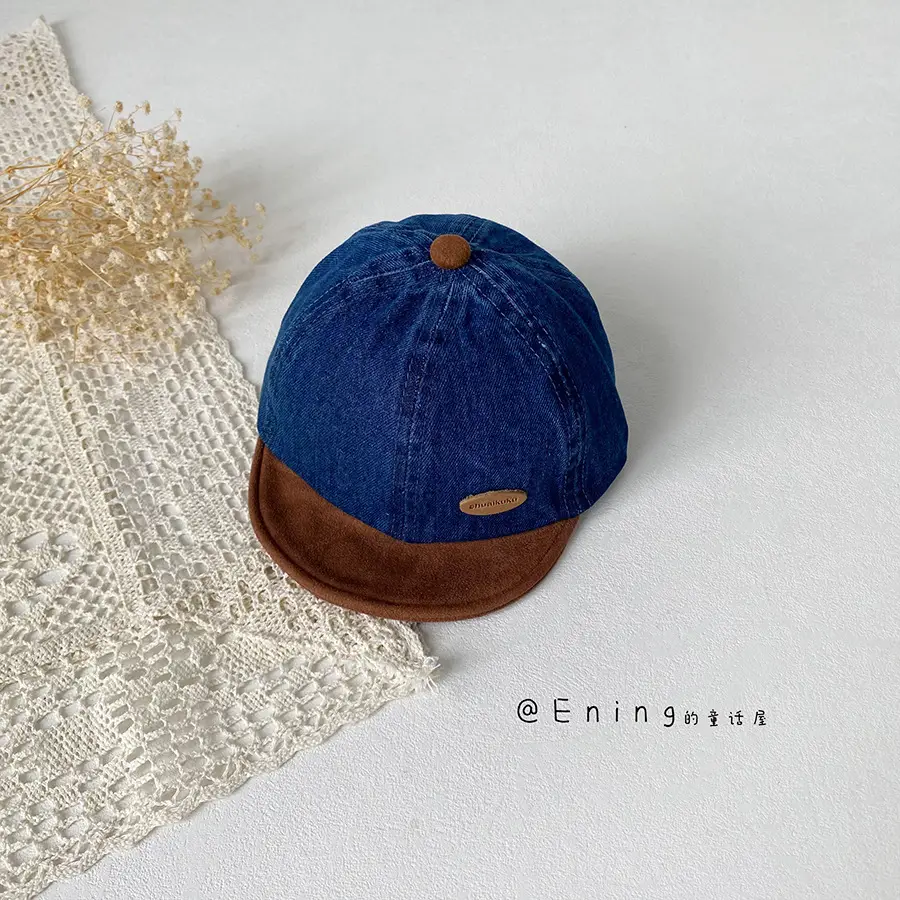 Denim Suede Baby Cap Blue Brown Sunscreen Hat - Image 3