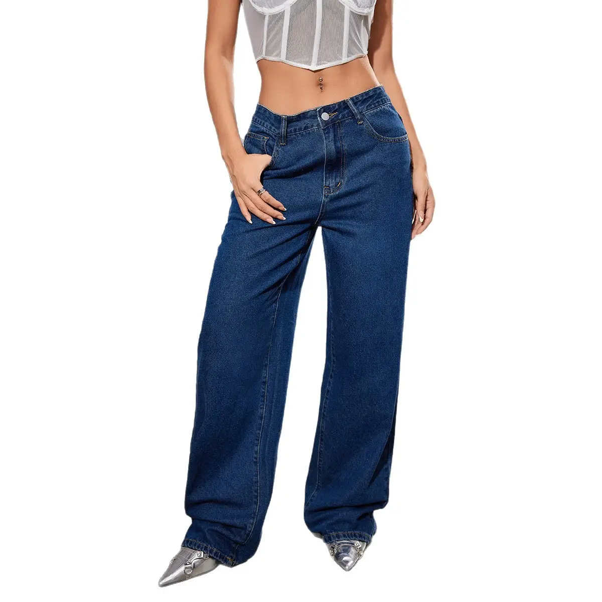 Women's High-Waisted Dark Blue Jeans Slim Fit
