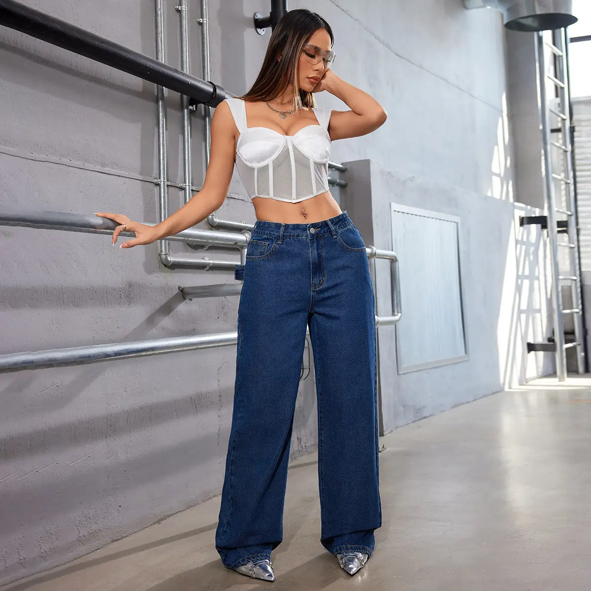 Women's High-Waisted Dark Blue Jeans Slim Fit — feature 8