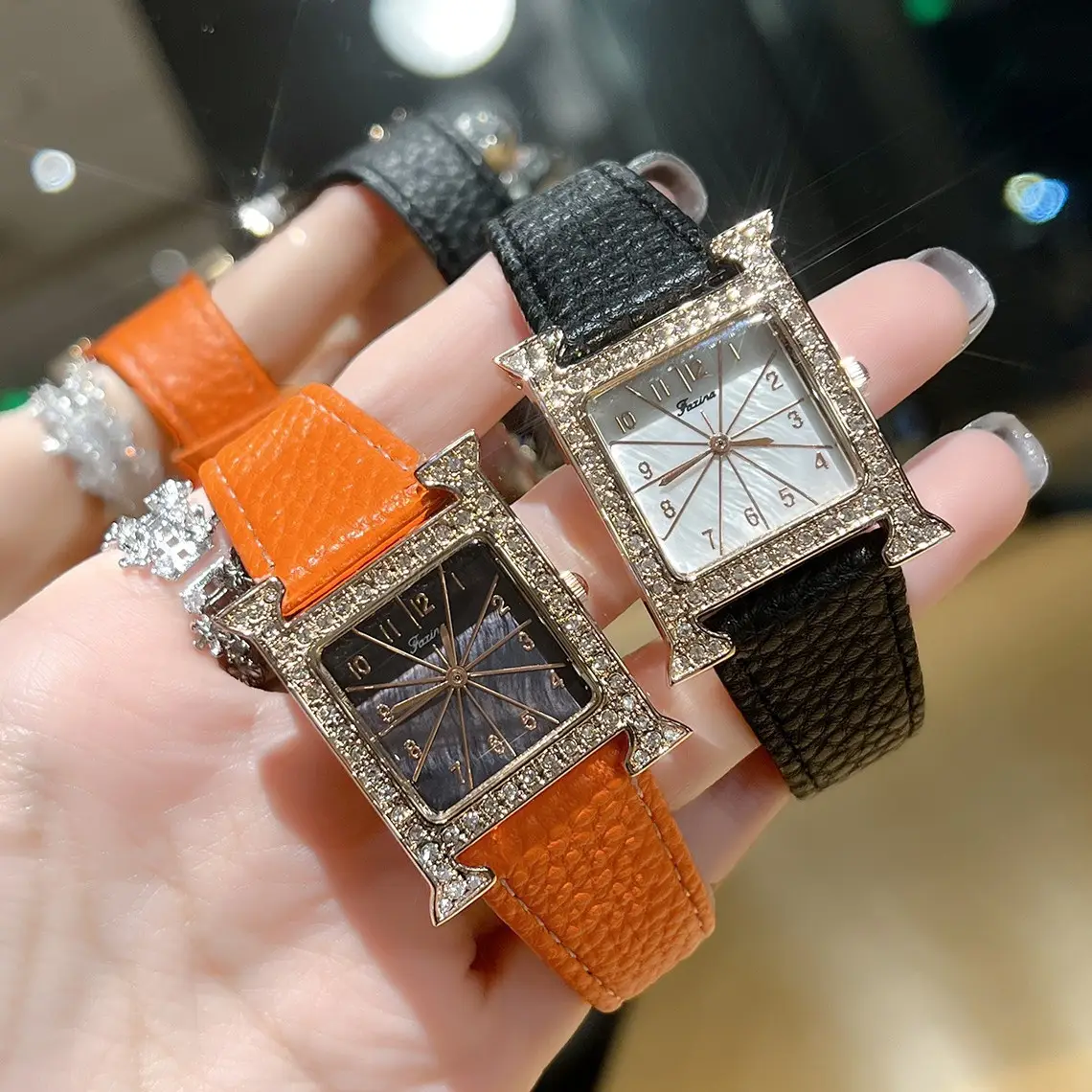 Square Diamond Quartz Women's Watch with Black Leather Band - Image 3