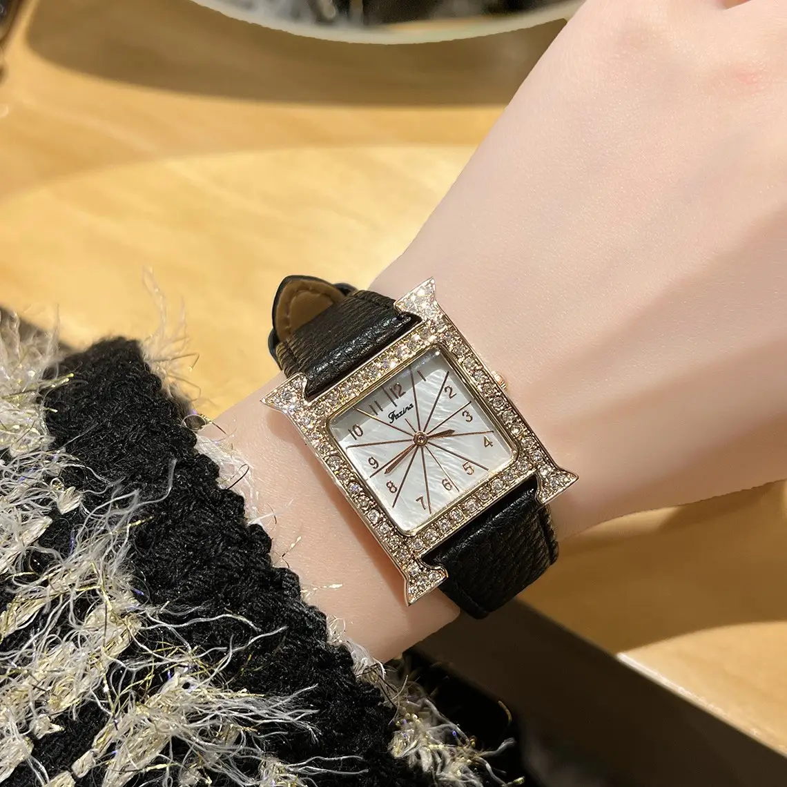 Square Diamond Quartz Women's Watch with Black Leather Band - Image 4