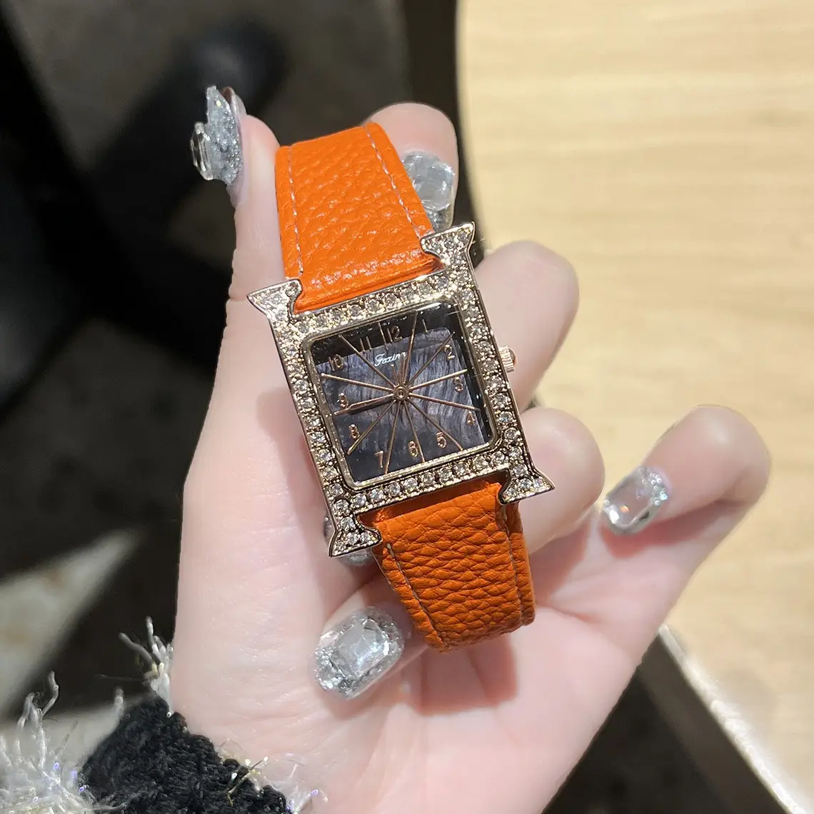 Square Diamond Quartz Women's Watch with Black Leather Band - Image 2