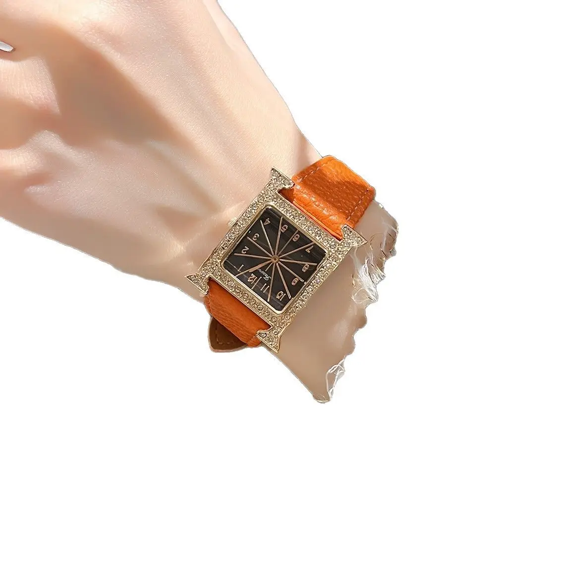 Square Diamond Quartz Women's Watch with Black Leather Band - Image 5