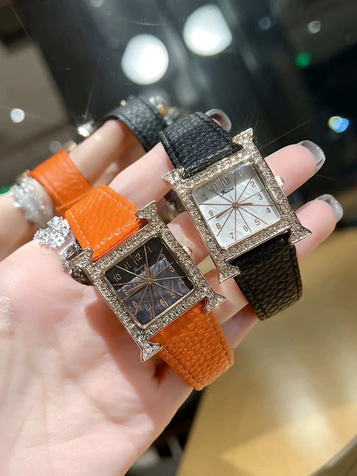 Square Diamond Quartz Women's Watch with Black Leather Band — feature 1