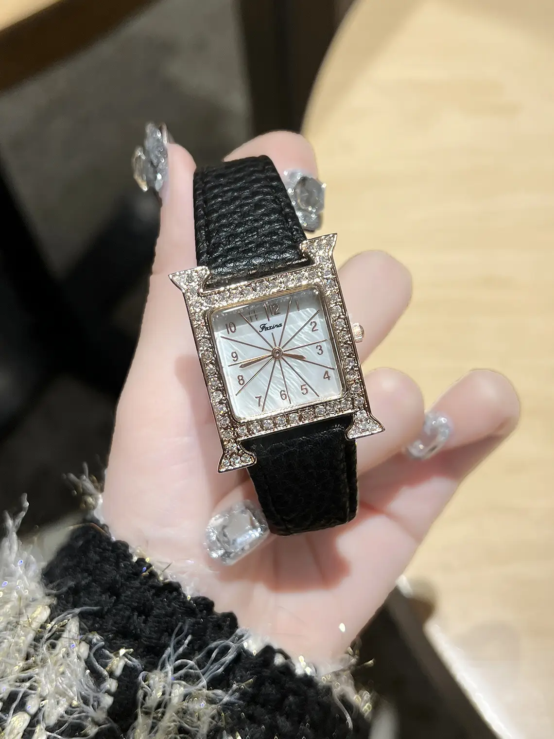 Square Diamond Quartz Women's Watch with Black Leather Band — feature 2