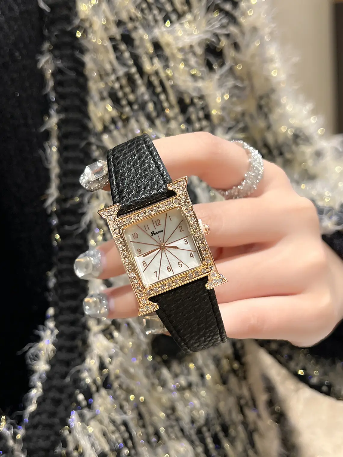 Square Diamond Quartz Women's Watch with Black Leather Band — feature 3