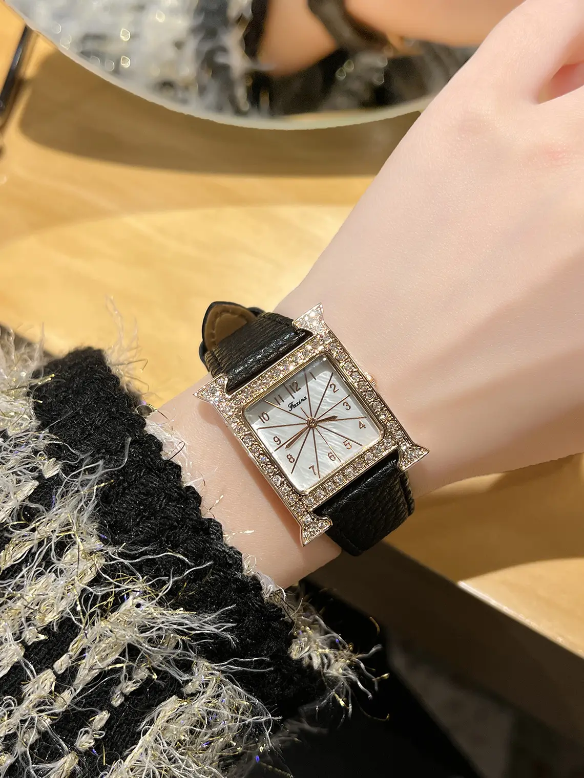 Square Diamond Quartz Women's Watch with Black Leather Band — feature 4