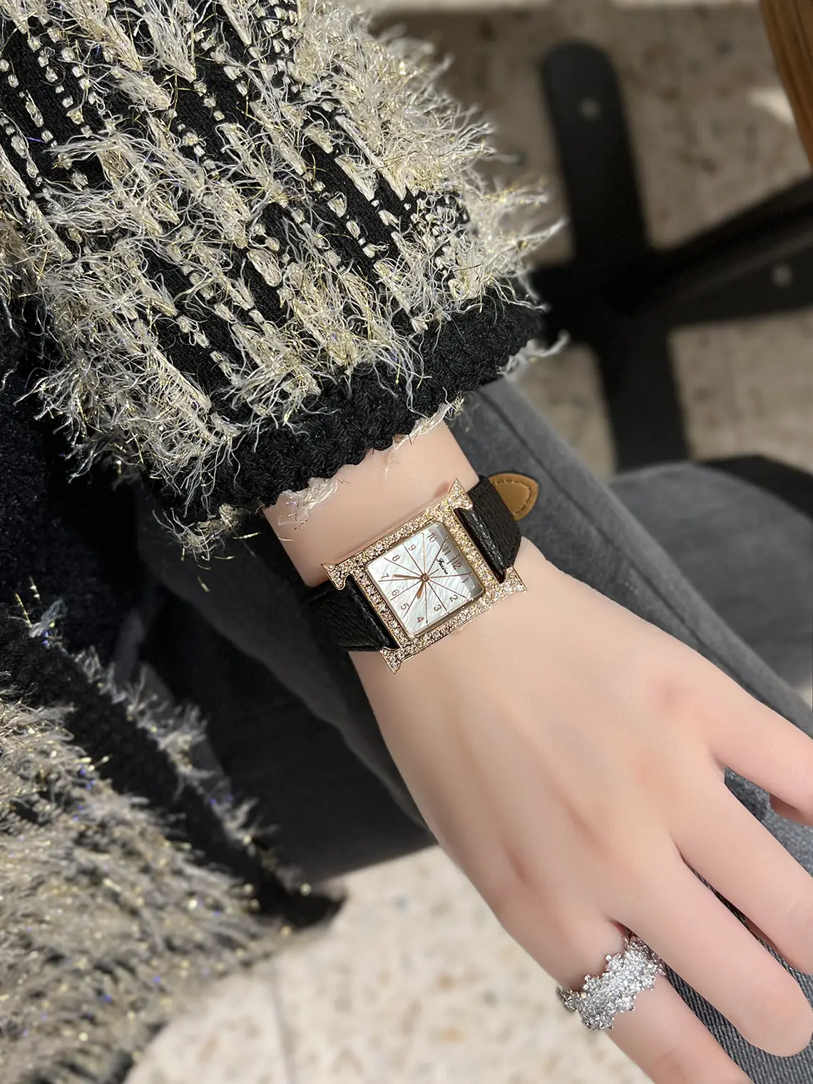 Square Diamond Quartz Women's Watch with Black Leather Band — feature 5