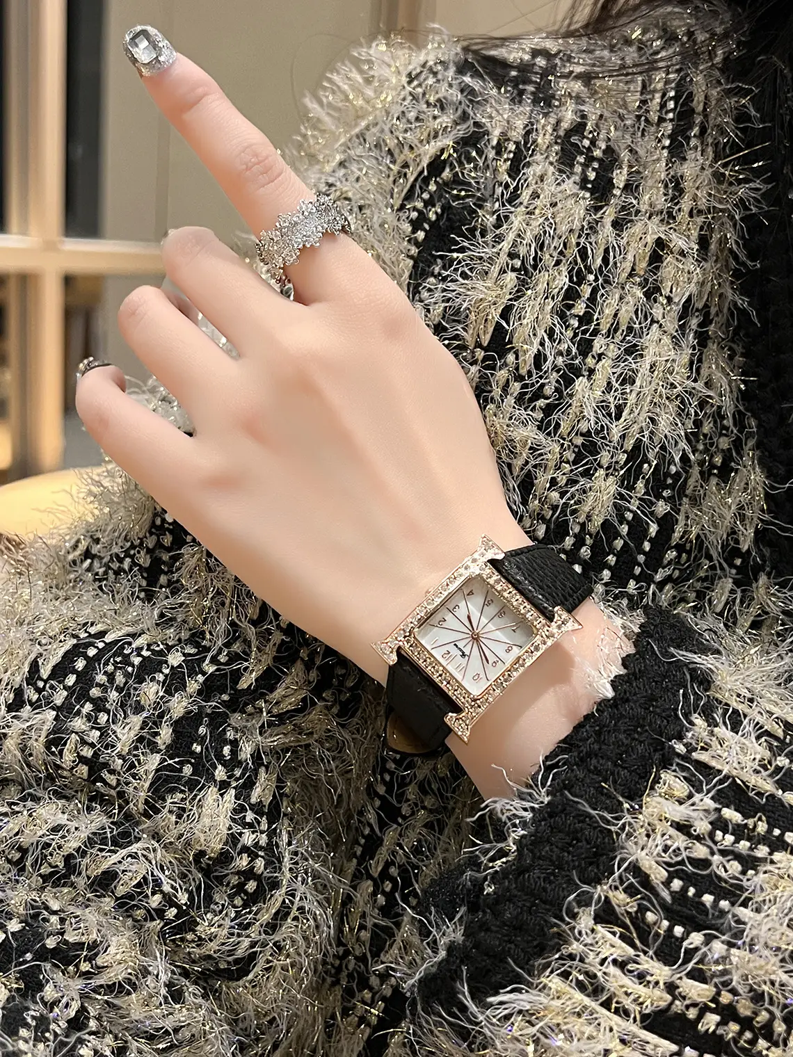 Square Diamond Quartz Women's Watch with Black Leather Band — feature 6