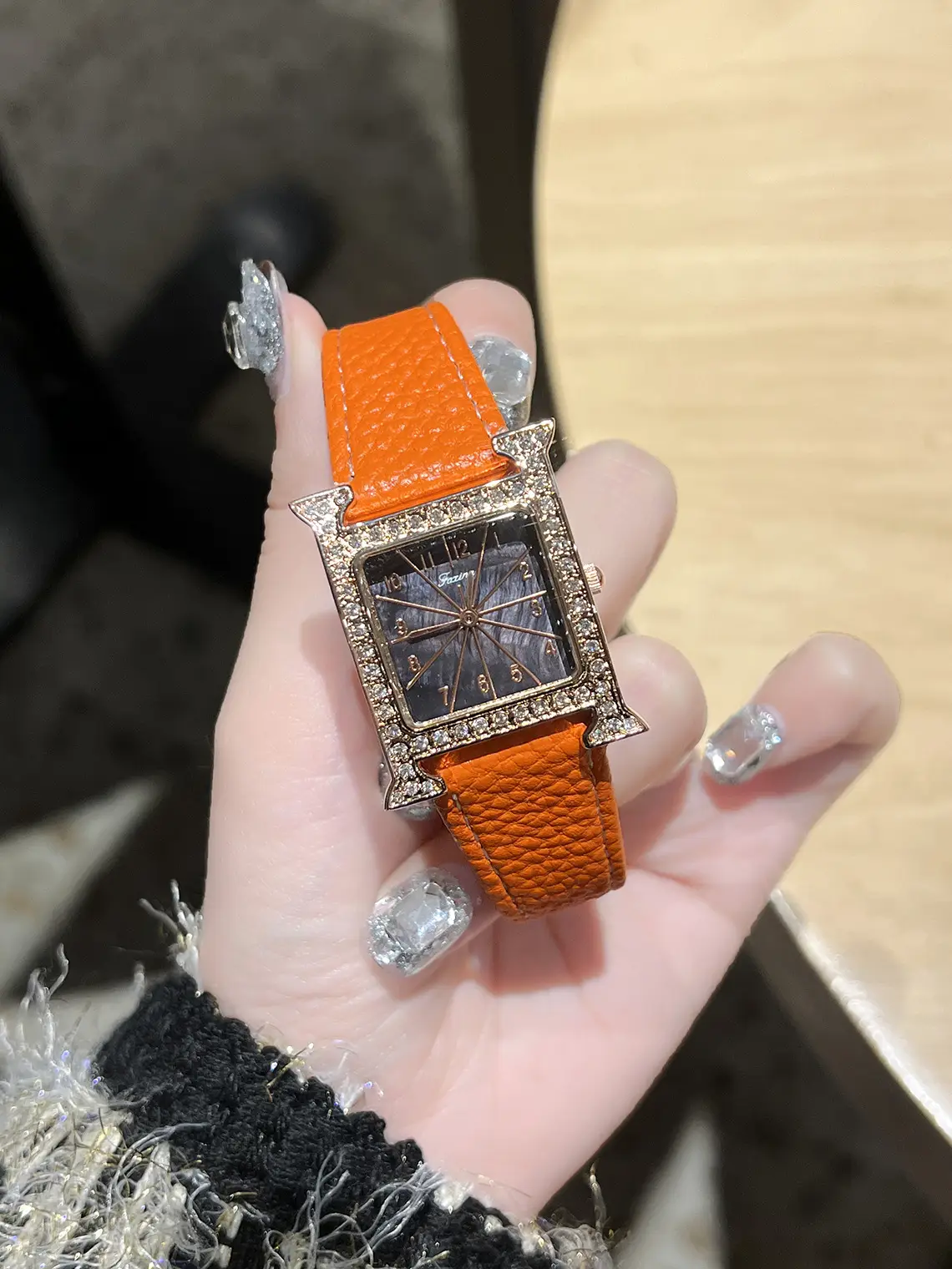 Square Diamond Quartz Women's Watch with Black Leather Band — feature 7