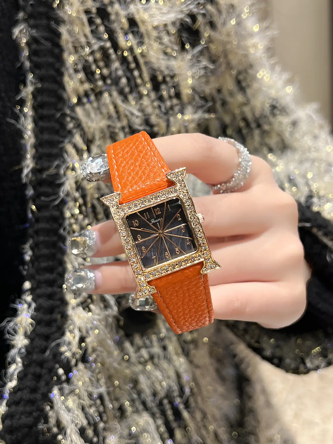 Square Diamond Quartz Women's Watch with Black Leather Band — feature 8