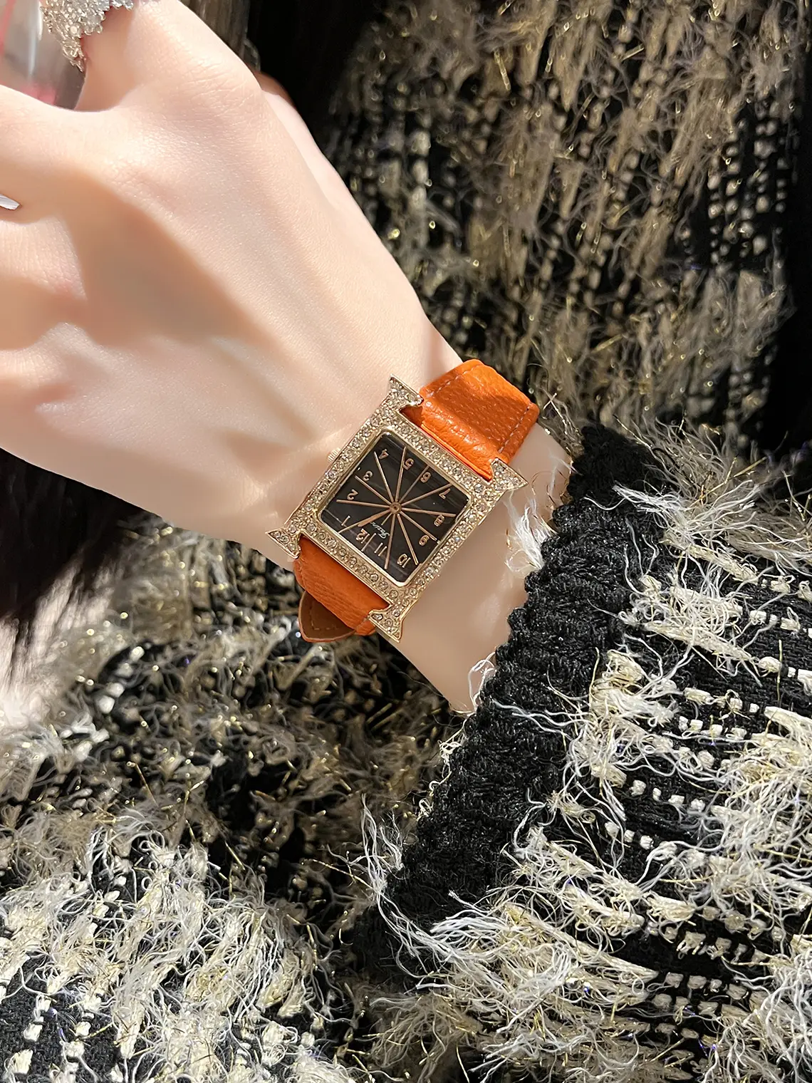 Square Diamond Quartz Women's Watch with Black Leather Band — feature 9