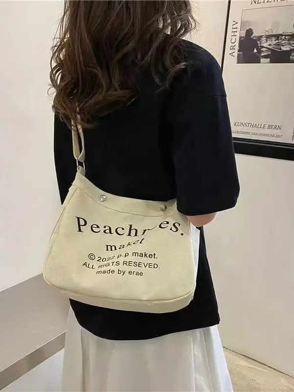 Black Letter Canvas Shoulder Bag Large Capacity - Image 5
