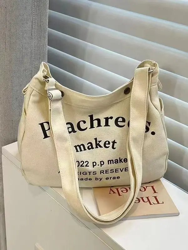 Black Letter Canvas Shoulder Bag Large Capacity - Image 6