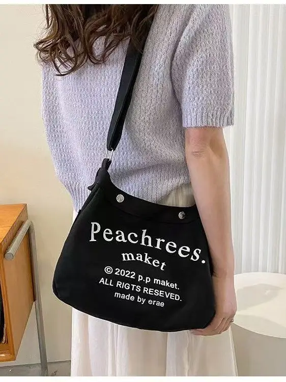 Black Letter Canvas Shoulder Bag Large Capacity - Image 7