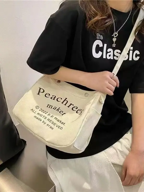 Black Letter Canvas Shoulder Bag Large Capacity - Image 8