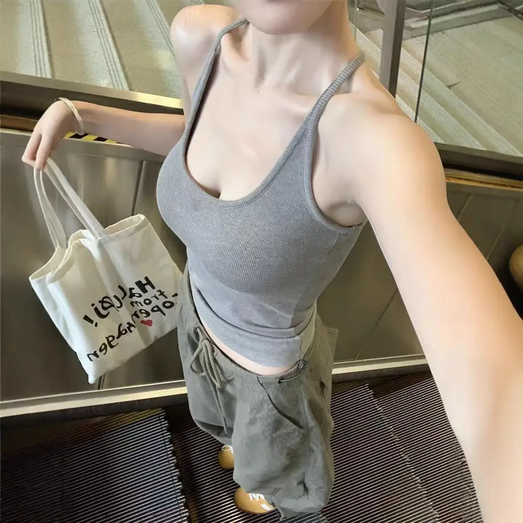 Pure Desire Hot Girl Gray Halter Camisole Women's Summer New Style Slim Fit Backless Bottoming Top with Breast Pads