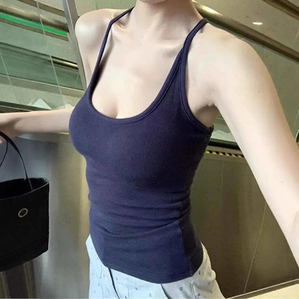 Pure Desire Hot Girl Gray Halter Camisole Women's Summer New Style Slim Fit Backless Bottoming Top with Breast Pads