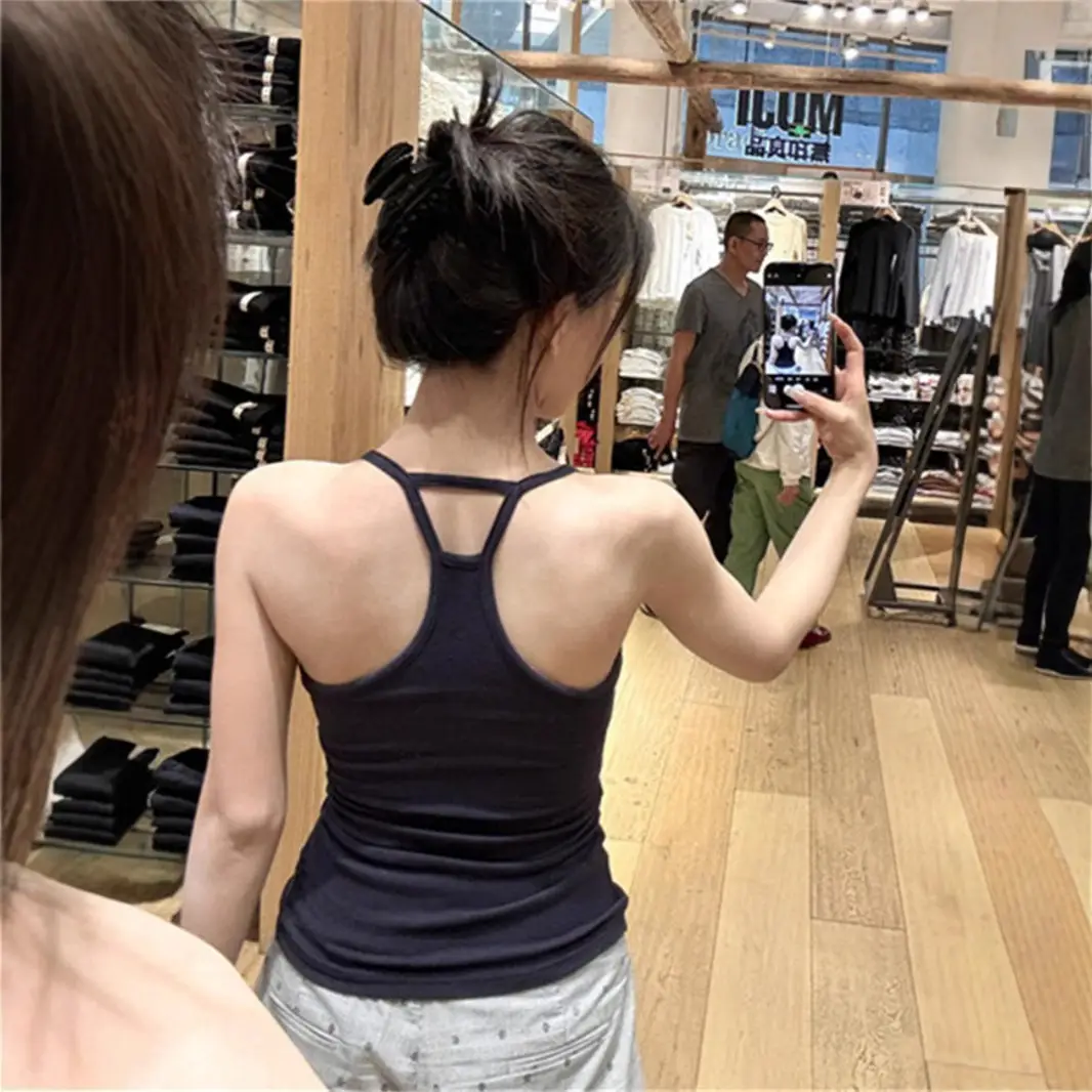 Pure Desire Hot Girl Gray Halter Camisole Women's Summer New Style Slim Fit Backless Bottoming Top with Breast Pads