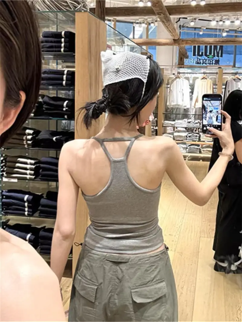 Pure Desire Hot Girl Gray Halter Camisole Women's Summer New Style Slim Fit Backless Bottoming Top with Breast Pads — feature 12