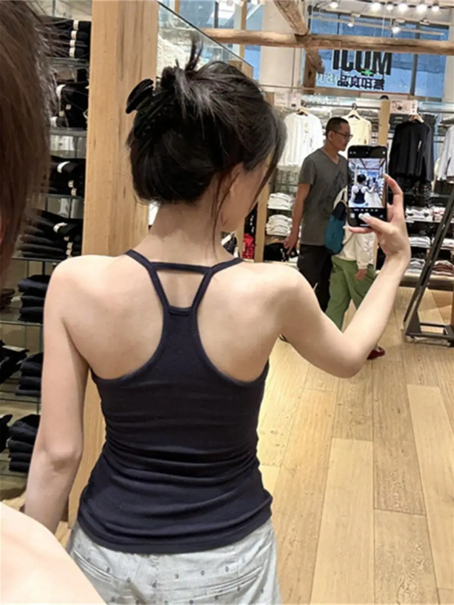 Pure Desire Hot Girl Gray Halter Camisole Women's Summer New Style Slim Fit Backless Bottoming Top with Breast Pads — feature 6