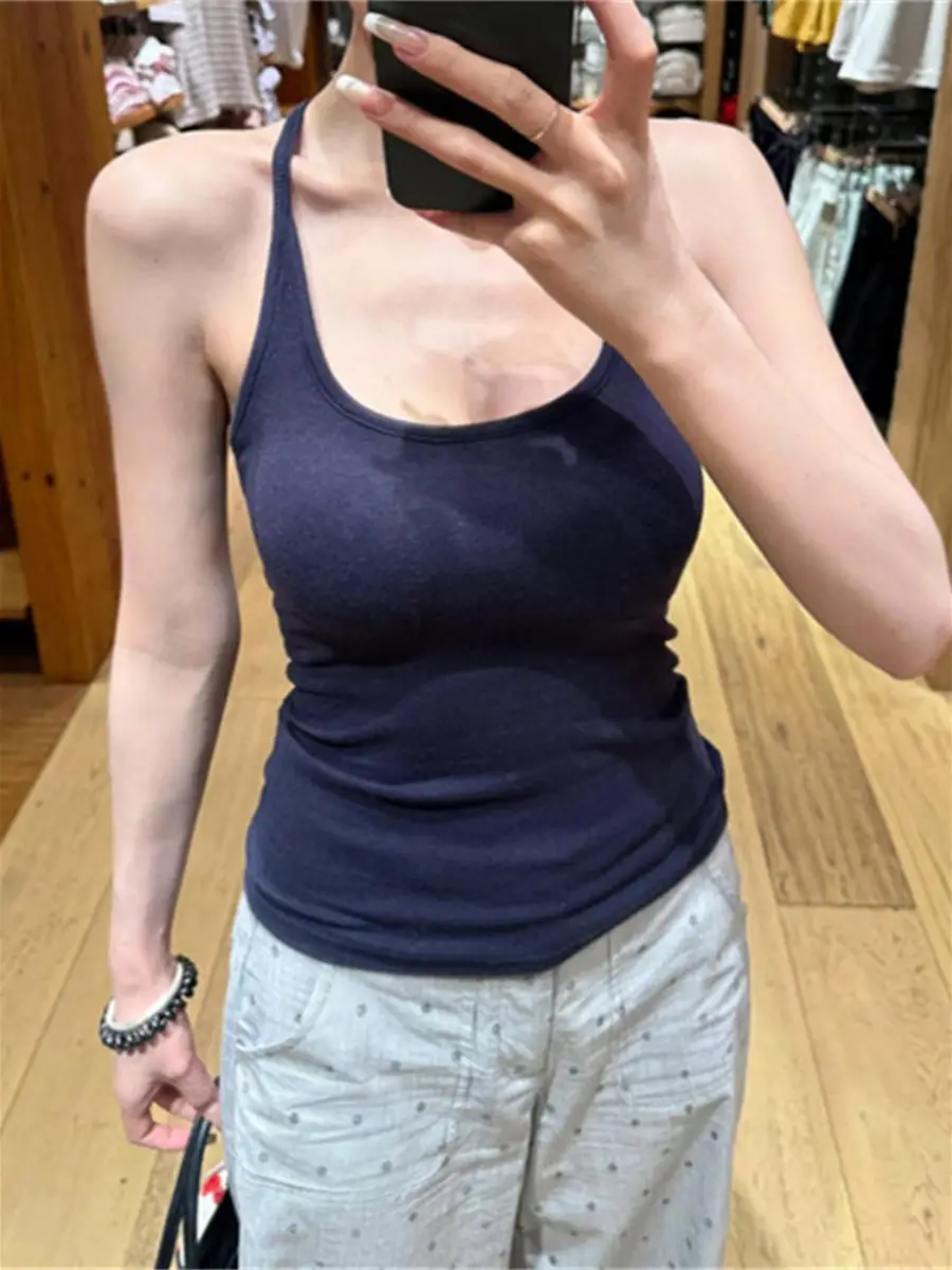 Pure Desire Hot Girl Gray Halter Camisole Women's Summer New Style Slim Fit Backless Bottoming Top with Breast Pads — feature 7