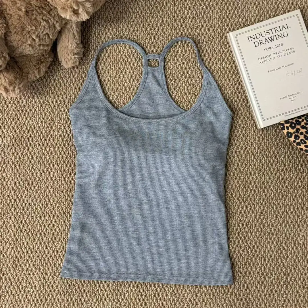 Pure Desire Hot Girl Gray Halter Camisole Women's Summer New Style Slim Fit Backless Bottoming Top with Breast Pads