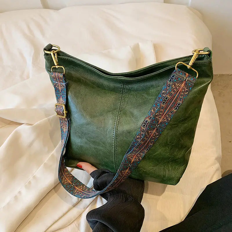 Green Leather Shoulder Bag with Embroidered Strap - Image 8