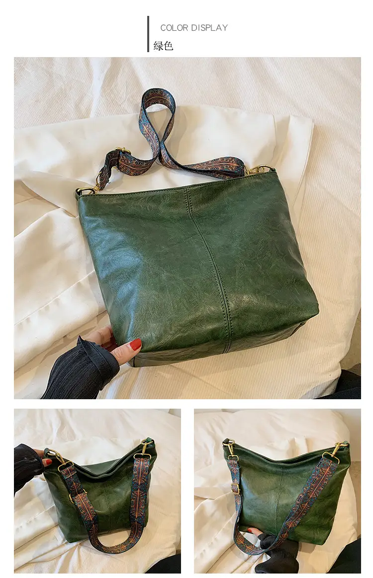 Green Leather Shoulder Bag with Embroidered Strap — feature 15