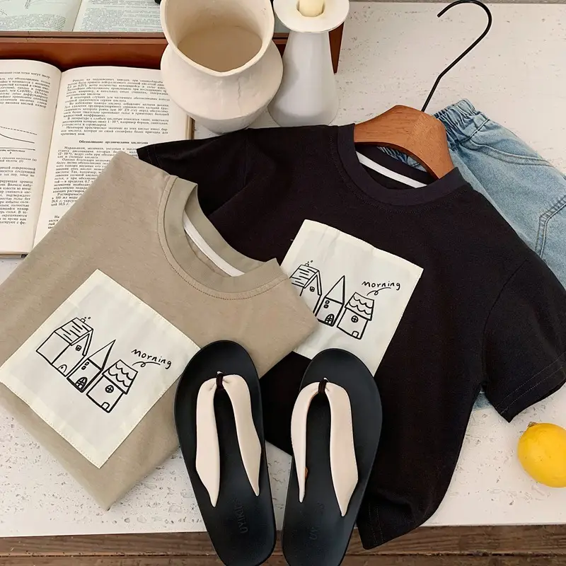 Children Cotton Graphic T-Shirt Beige Summer 2025 - Image 3