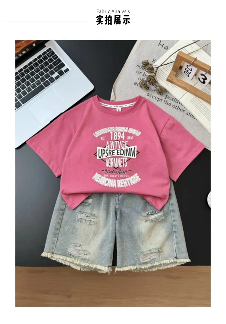 Boys Letter Printed Pink T-Shirt 2025 Summer — feature 12