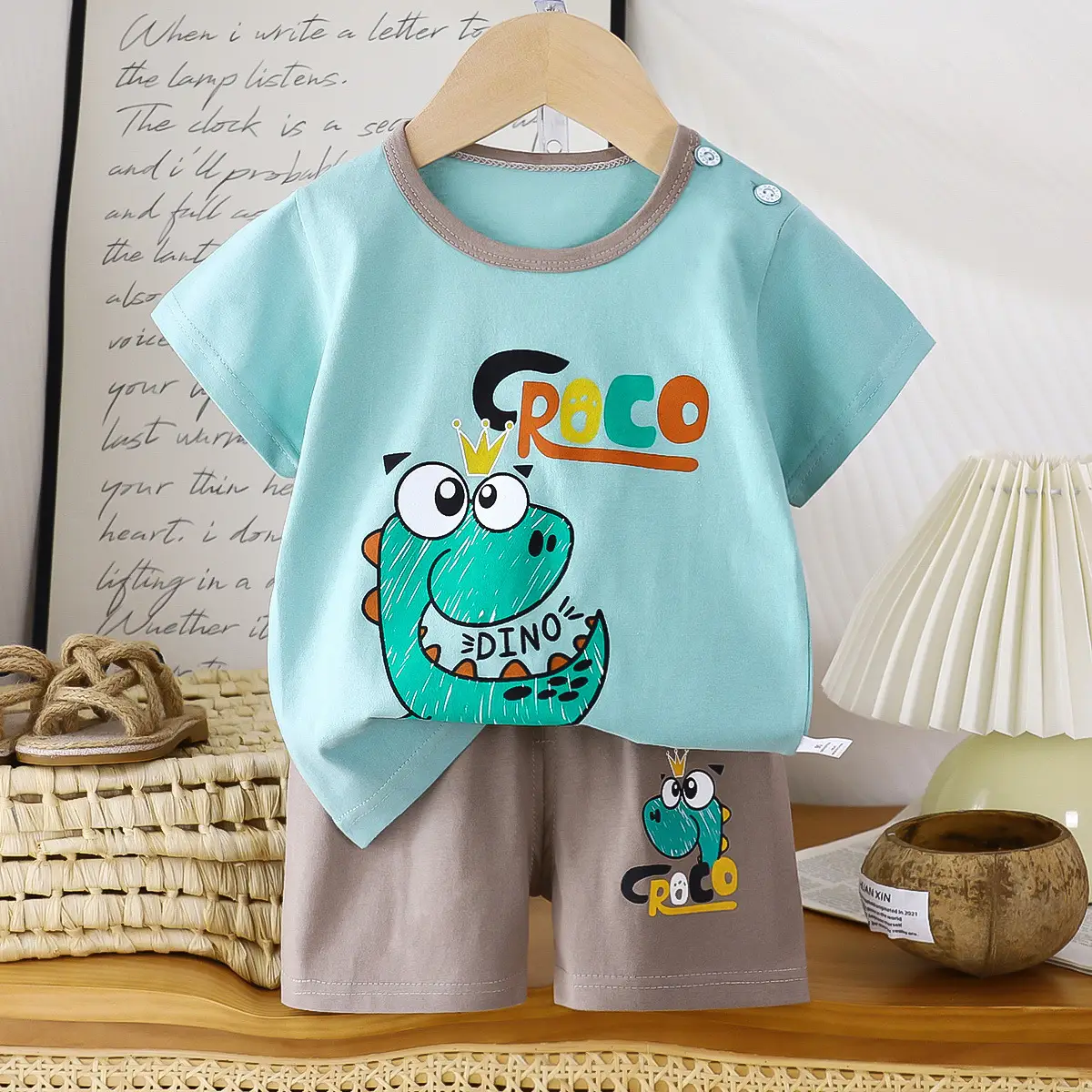 Children's Blue Yellow Cartoon Short Sleeve T-Shirt Suit - Image 15