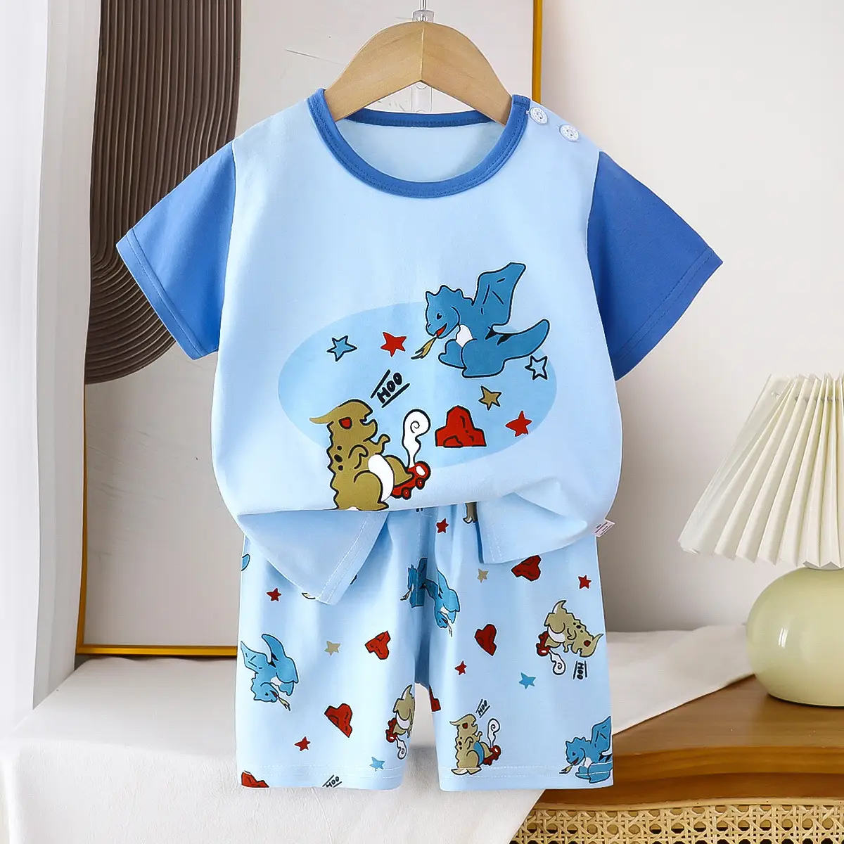 Children's Blue Yellow Cartoon Short Sleeve T-Shirt Suit - Image 22
