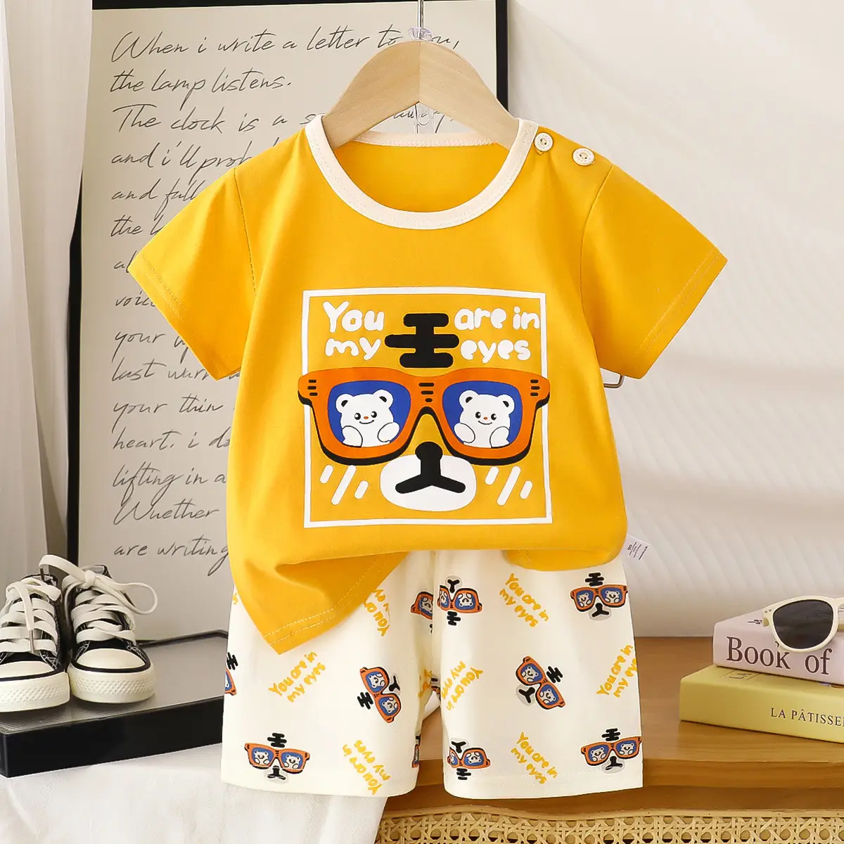 Children's Blue Yellow Cartoon Short Sleeve T-Shirt Suit - Image 25