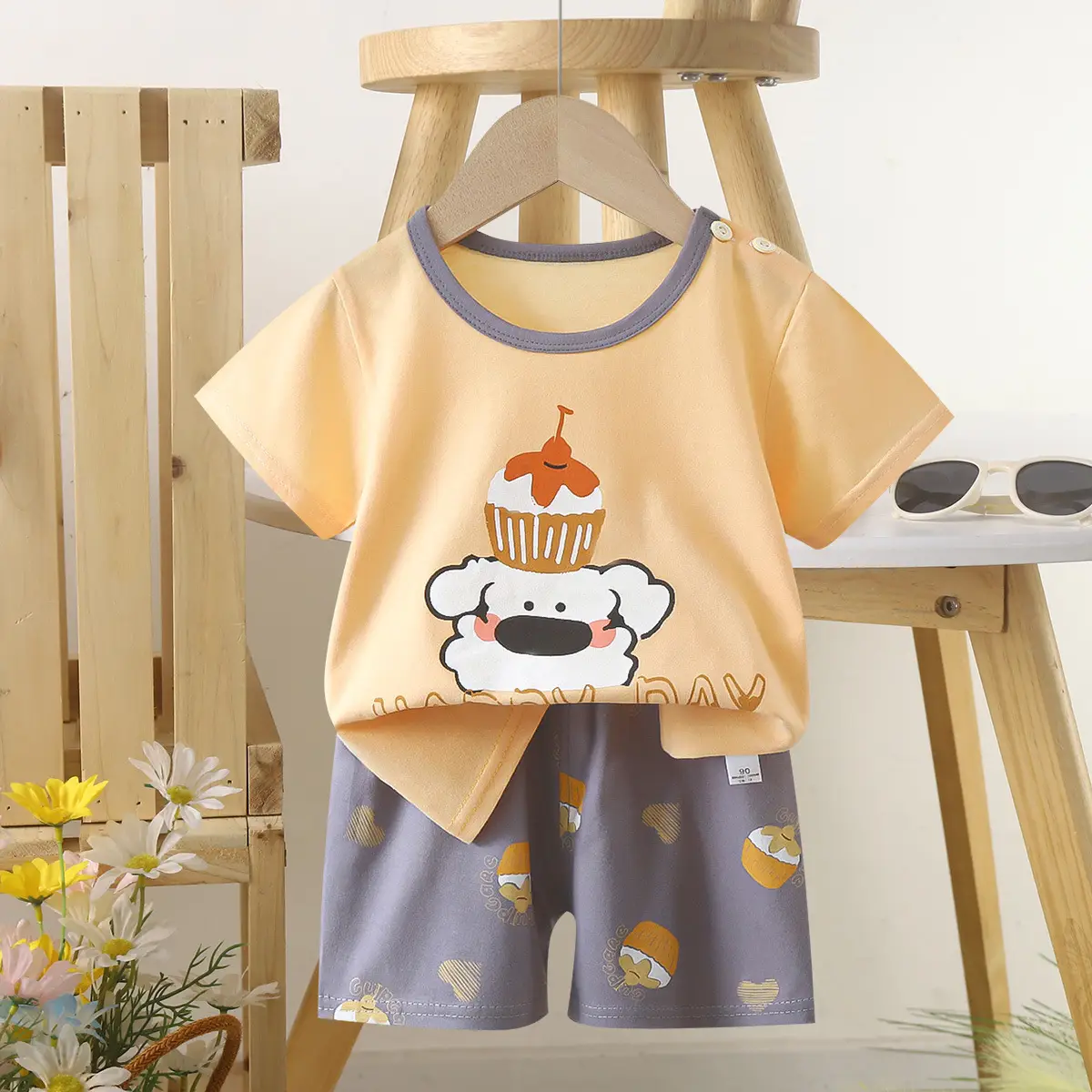 Children's Blue Yellow Cartoon Short Sleeve T-Shirt Suit - Image 27