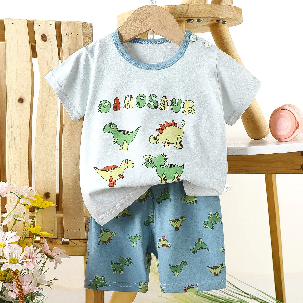 Children's Blue Yellow Cartoon Short Sleeve T-Shirt Suit - Image 3